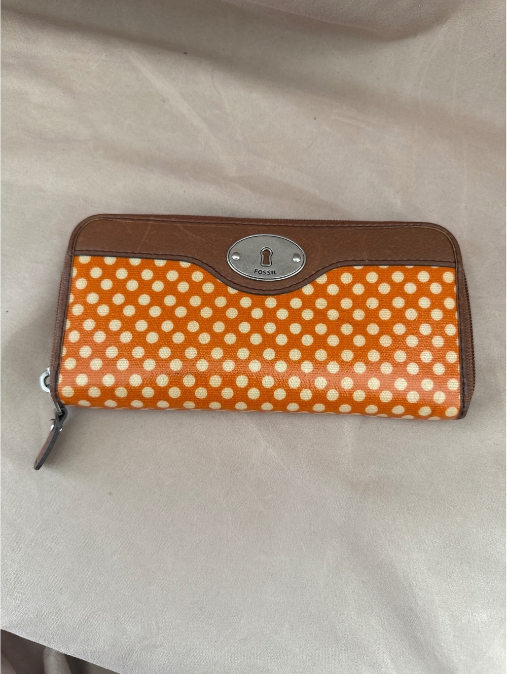 Fossil Key-Per Polka Dot Zip Around Wallet Orange Brown Leather Trim Retro